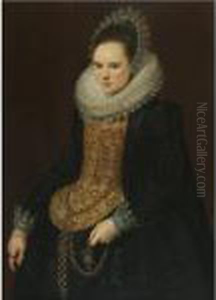 Portrait Of A Lady, Three 
Quarter Length, In An Embroidered Mill Ruff, A Black Dress And A Bonnet Oil Painting by Cornelis van der Voort