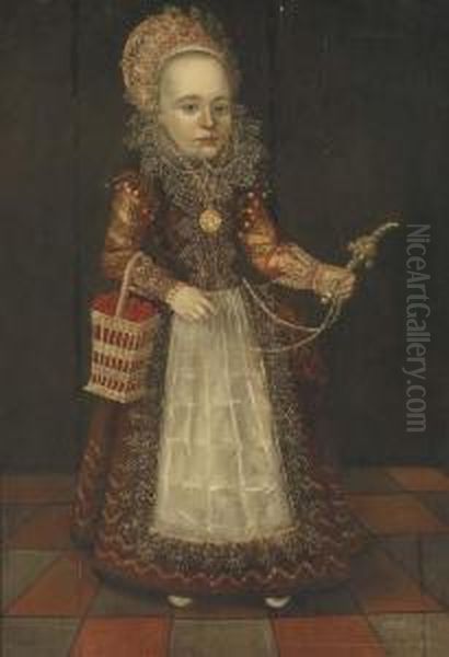 Portrait Of A Young Girl, 
Full-length, In A Dress With A Lace Ruff, Holding A Basket Of Cherries 
And A Rattle Oil Painting by Cornelis van der Voort