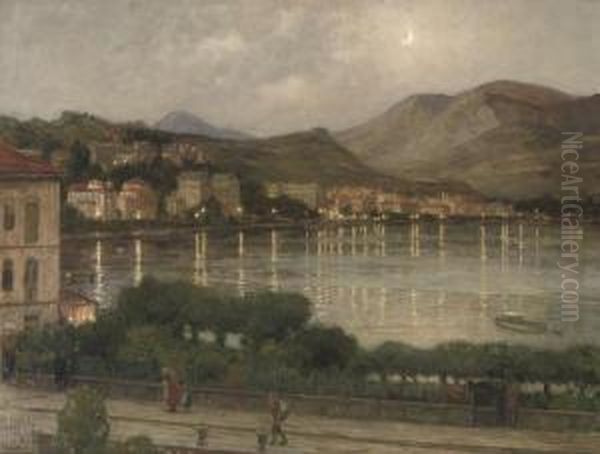 View Of The Lake Lugano By Night Oil Painting by Nicolaas Van Der Waay