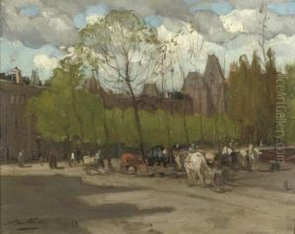 A View Of The Rijksmuseum, Amsterdam, With Horse-drawn Carriages On The Stadhouderskade Oil Painting by Nicolaas Van Der Waay