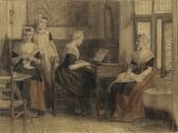 Femme Assise Jouant Du Piano, 
D'autres Femmes Cousant Dans Un Interieur Aux Armes D'amsterdam Oil Painting by Nicolaas Van Der Waay