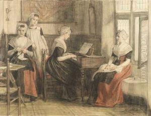 Netherlands Interior With Four Young Ladies, One Of Them Playing On A Piano Oil Painting by Nicolaas Van Der Waay