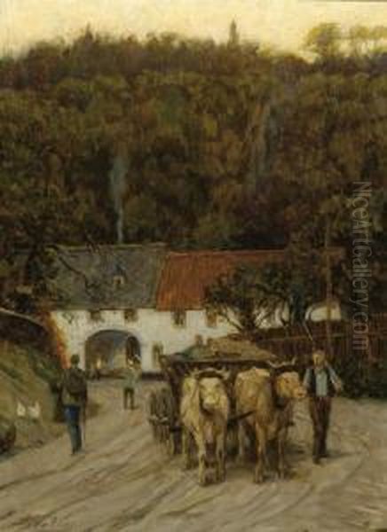 Ox Cart In An Austrian Village Oil Painting by Nicolaas Van Der Waay