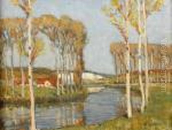 Birch Trees Lining A River, Signed Oil On Board, 27x35cm Oil Painting by Nicolaas Van Der Waay