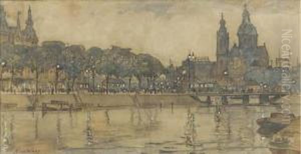 Central Station And The St Nicolaas Church Oil Painting by Nicolaas Van Der Waay