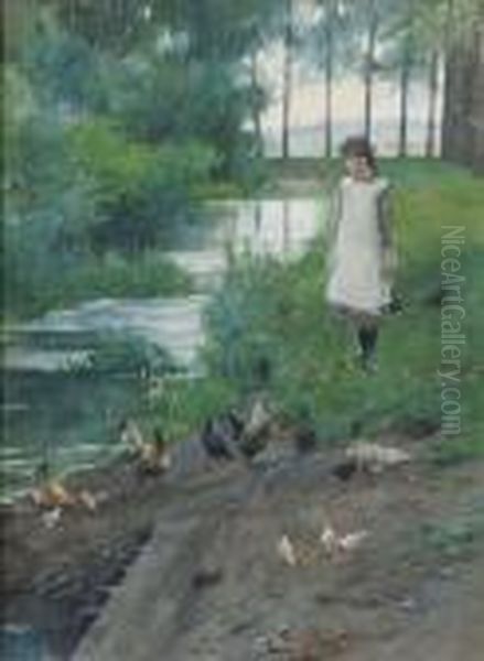 Zuidelijke Wandelweg Amsterdam: A Girl Returning Home From School Oil Painting by Nicolaas Van Der Waay