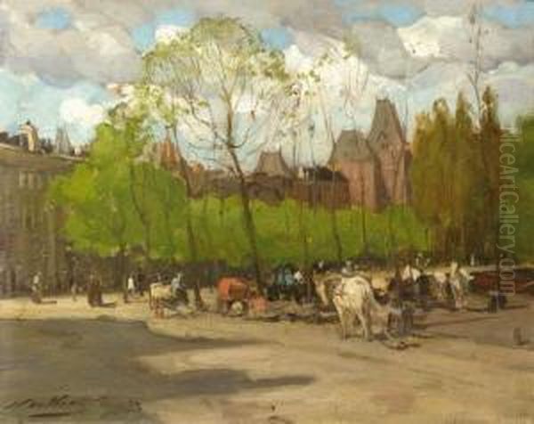 A View Of The Rijksmuseum, Amsterdam, With Horse-drawn Carriages On The Stadhouderskade Oil Painting by Nicolaas Van Der Waay