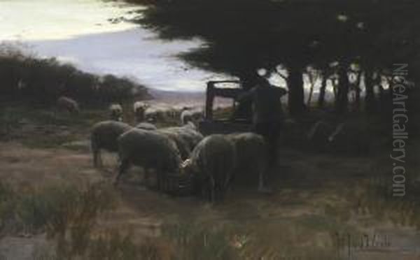 Sheep By A Well Oil Painting by Hermann Johannes Van Der Weele