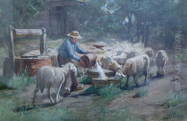 Feeding The Sheep Oil Painting by Hermann Johannes Van Der Weele