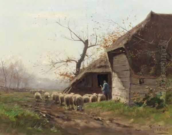 Sheep By A Barn Oil Painting by Hermann Johannes Van Der Weele