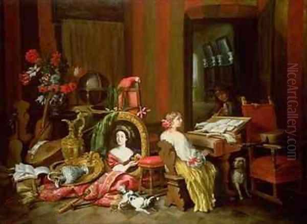 Interior with a Lady at a Harpsichord Oil Painting by Francesco (Il Maltese) Fieravino