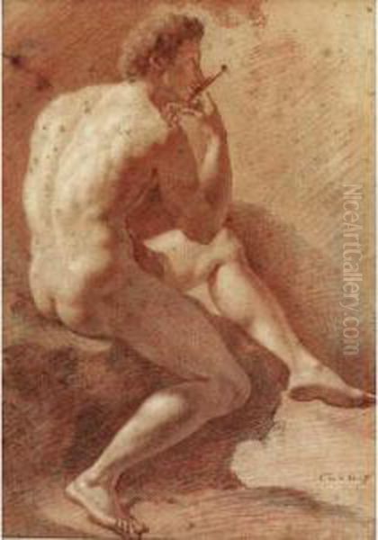 Study Of A Male Nude Playing The Flute Oil Painting by Adriaen Van Der Werff