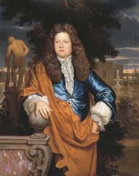 Portrait Of A Gentleman, 
Three-quarter-length, In A Blue Velvetjacket With White Lace Shirt And 
Brown Cape, In A Garden, Beforethe Statue Of The Farnese Hercules Oil Painting by Adriaen Van Der Werff