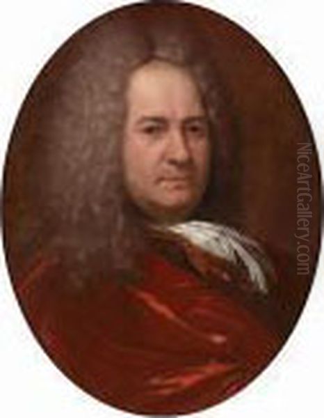 Portrait Of A Gentleman, Bust-length, In A Crimson Coat With A Lace Jabot Oil Painting by Adriaen Van Der Werff