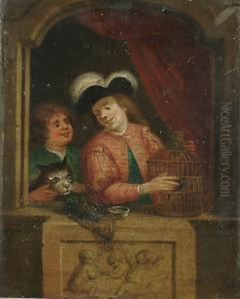 A Young Man At A Balcony With A Bird Cage, A Boy With A Cat Looking On Oil Painting by Adriaen Van Der Werff