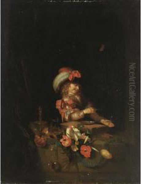 Vanitas: A Boy In A Window 
Blowing Bubbles, With A Skull, Flowers, A Watch, A Candle And A 
Butterfly Oil Painting by Adriaen Van Der Werff