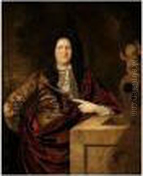 Portrait Of A Gentleman, Standing Beside A Cistern, Holding A Spear Oil Painting by Adriaen Van Der Werff