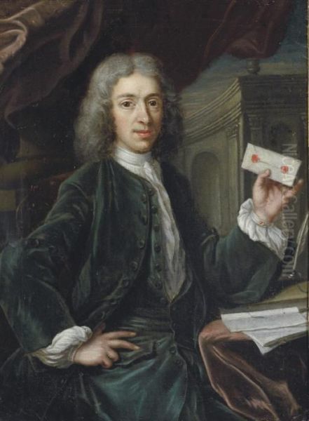 Portrait Of A Gentleman, 
Three-quarter-length, In A Green Suit, Seated At A Draped Table, A 
Letter In His Left Hand, A Classical Arcade Beyond Oil Painting by Pieter van der Werff