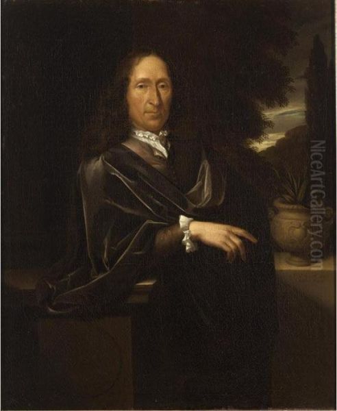 A Portrait Of A Gentleman, 
Standing Three-quarter Length, Wearing A Brown Costume With A White 
Chemise And A Black Shawl, In A Park Setting; A Portrait Of A Lady, 
Seated Three-quarter Length, Wearing A Blue Classical Dress With A White
 Chemise And Oil Painting by Pieter van der Werff