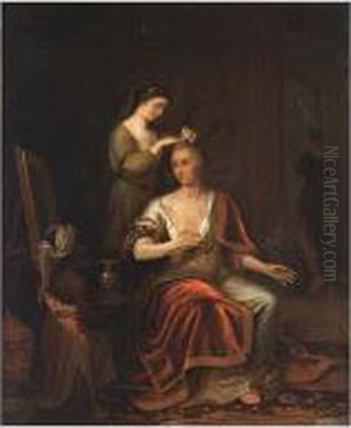 A Lady Making Her Toilet With Her Maidservant Oil Painting by Thomas van der Wilt