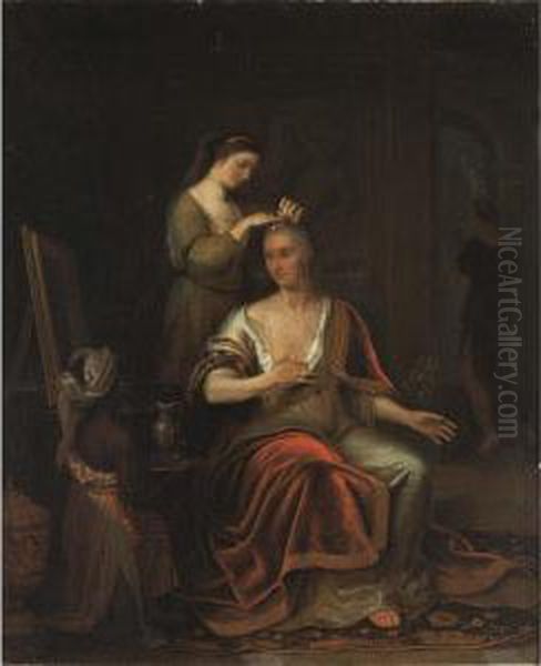 A Lady Making Her Toilet With 
Her Maidservant, A Black Servant Holding A Jug In The Foreground Oil Painting by Thomas van der Wilt