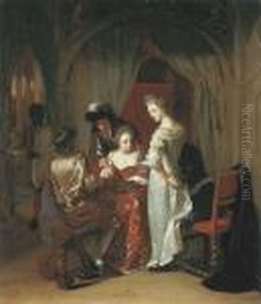 Elegant Company Playing Tric-trac Around A Table In An Interior Oil Painting by Thomas van der Wilt