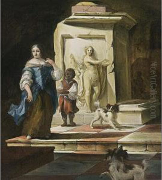 A Lady With A Negro Servant And Two Dogs Near A Classical Fountain Oil Painting by Thomas van der Wilt