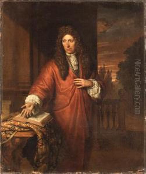 Portrait Of A Gentleman, Small 
Three-quarter Length, In A Red Robe,beside A Draped Table With A Book, A
 Landscape Beyond Oil Painting by Thomas van der Wilt