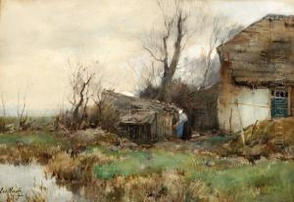 Farm Near The Water Oil Painting by Chris Van Der Windt