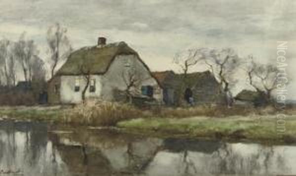 A Farmhouse Along A Stream Oil Painting by Chris Van Der Windt