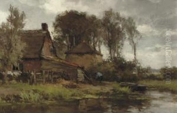 A Riverside Farmhouse Oil Painting by Chris Van Der Windt