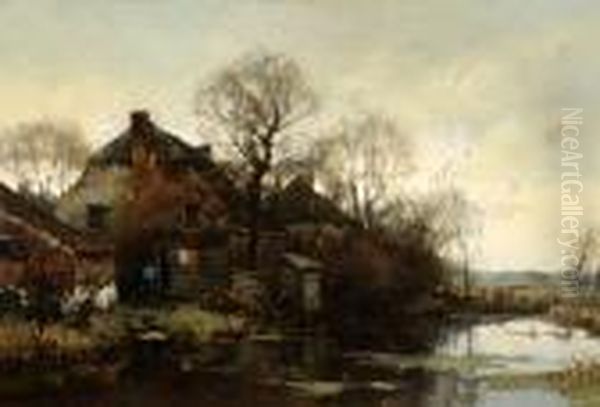 A Farm By The Water Oil Painting by Chris Van Der Windt