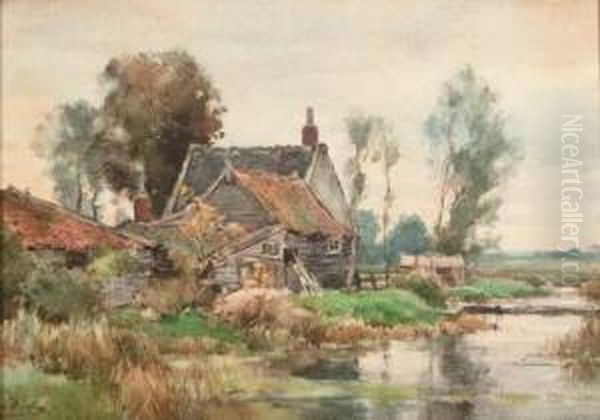 A Cottage By A Stream Oil Painting by Chris Van Der Windt