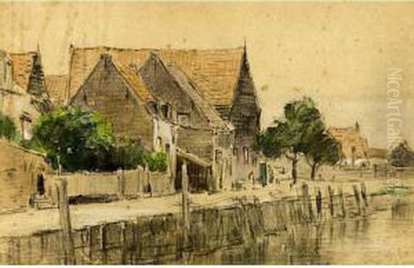 Houses Along A Waterway Oil Painting by Chris Van Der Windt