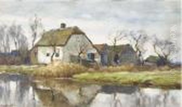 A Farmhouse Along A Stream Oil Painting by Chris Van Der Windt