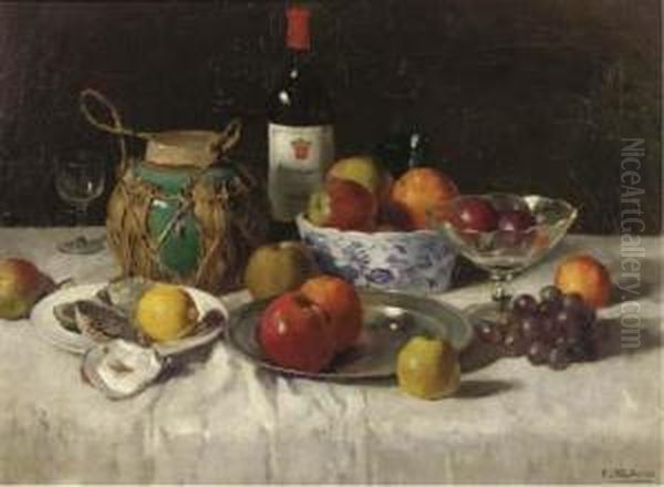 A Wine Bottle, Oysters And Fruit On A Draped Table Oil Painting by Chris Van Der Windt