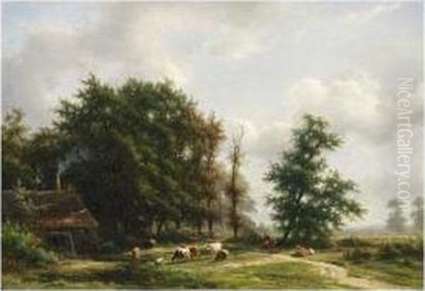 Cows Near A Windmill In A Wooded Landscape Oil Painting by Jan Frederik Van Deventer