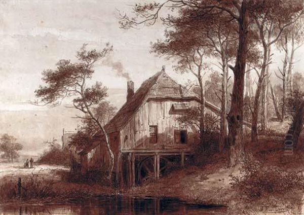 A Watermill In A Wooded Landscape Oil Painting by Jan Frederik Van Deventer