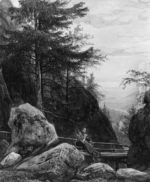 A Rocky Wooded Slope With A Woman And Child Crossing A Bridge Oil Painting by Jan Frederik Van Deventer