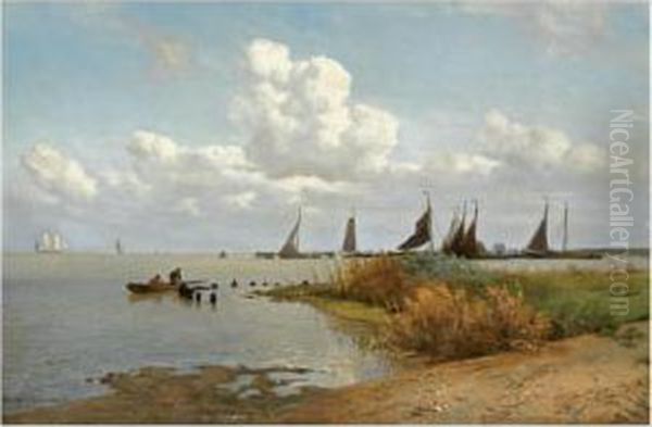 Moored Sailing Vessels On The Zuiderzee Oil Painting by W.A. van Deventer