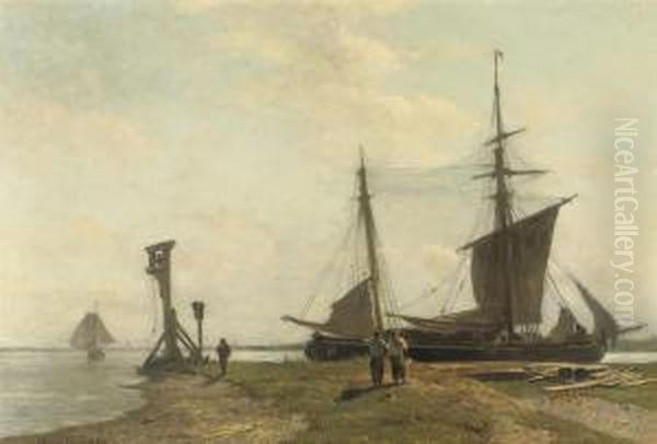 A Moored Two-master On The River-shore Oil Painting by W.A. van Deventer