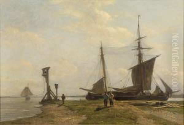 Anlegestelle Auf Der Schelde. Oil Painting by W.A. van Deventer