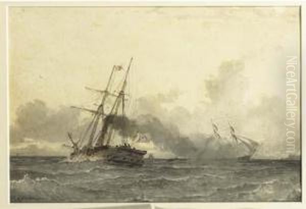 A Steamship In Open Water Oil Painting by W.A. van Deventer