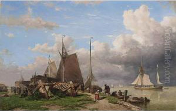 A Busy Ship-yard Along A River Oil Painting by W.A. van Deventer