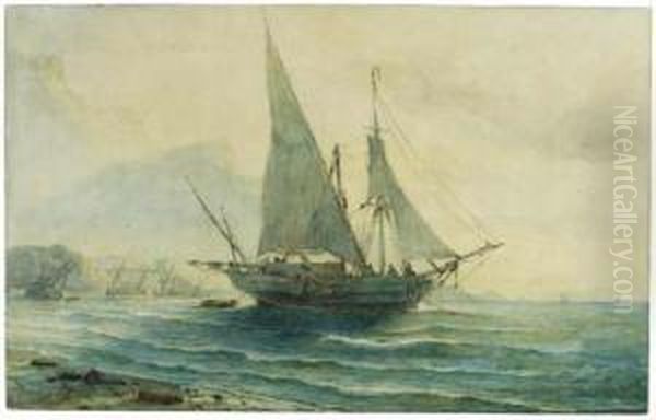 A Sailing Ship At Anchor By A Beach Near Gibraltar Oil Painting by W.A. van Deventer