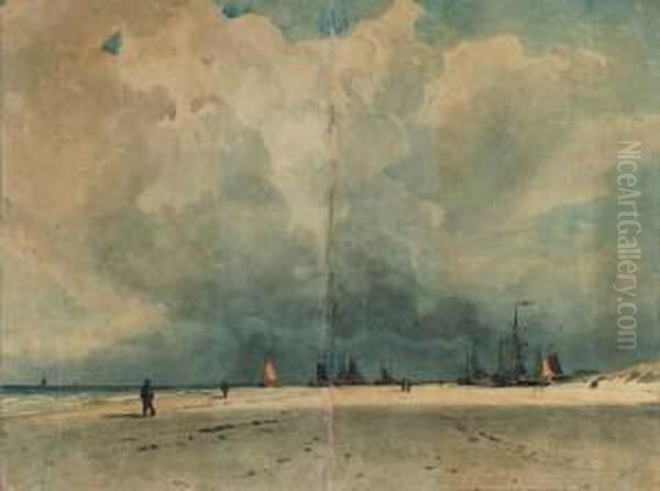 Fishing Boats On A Beach 
(recto); Study Of A Fisherman Resting Onwooden Boatparts (verso) Oil Painting by W.A. van Deventer