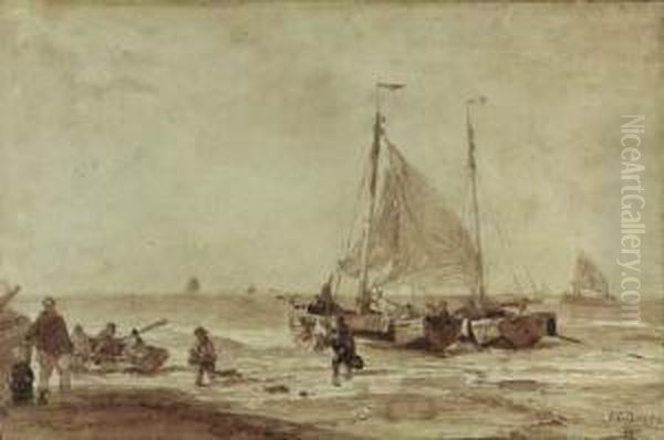 Fishermen Unloading Their Catch Oil Painting by W.A. van Deventer