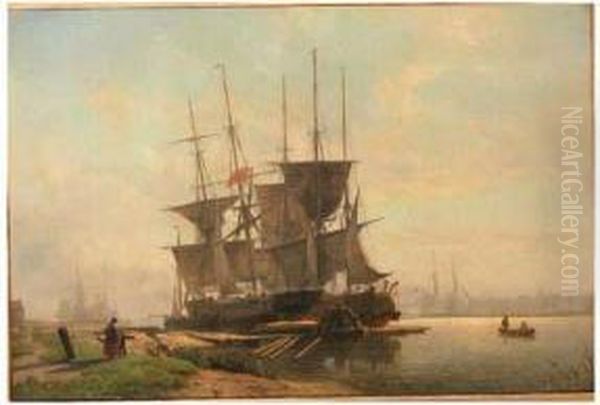 Moored Shipping By De Houtpijp, Amsterdam Oil Painting by W.A. van Deventer