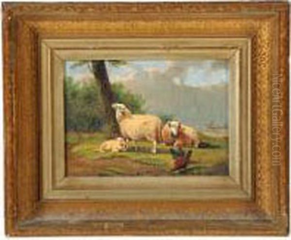 Three Sheep And Chickens Near A Coast Line Oil Painting by Joseph Van Dieghem