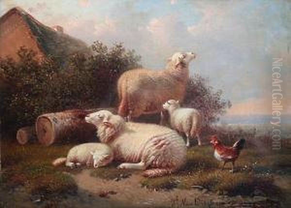 Sheep, Lambs And Poultry On A Grassybank Oil Painting by Joseph Van Dieghem